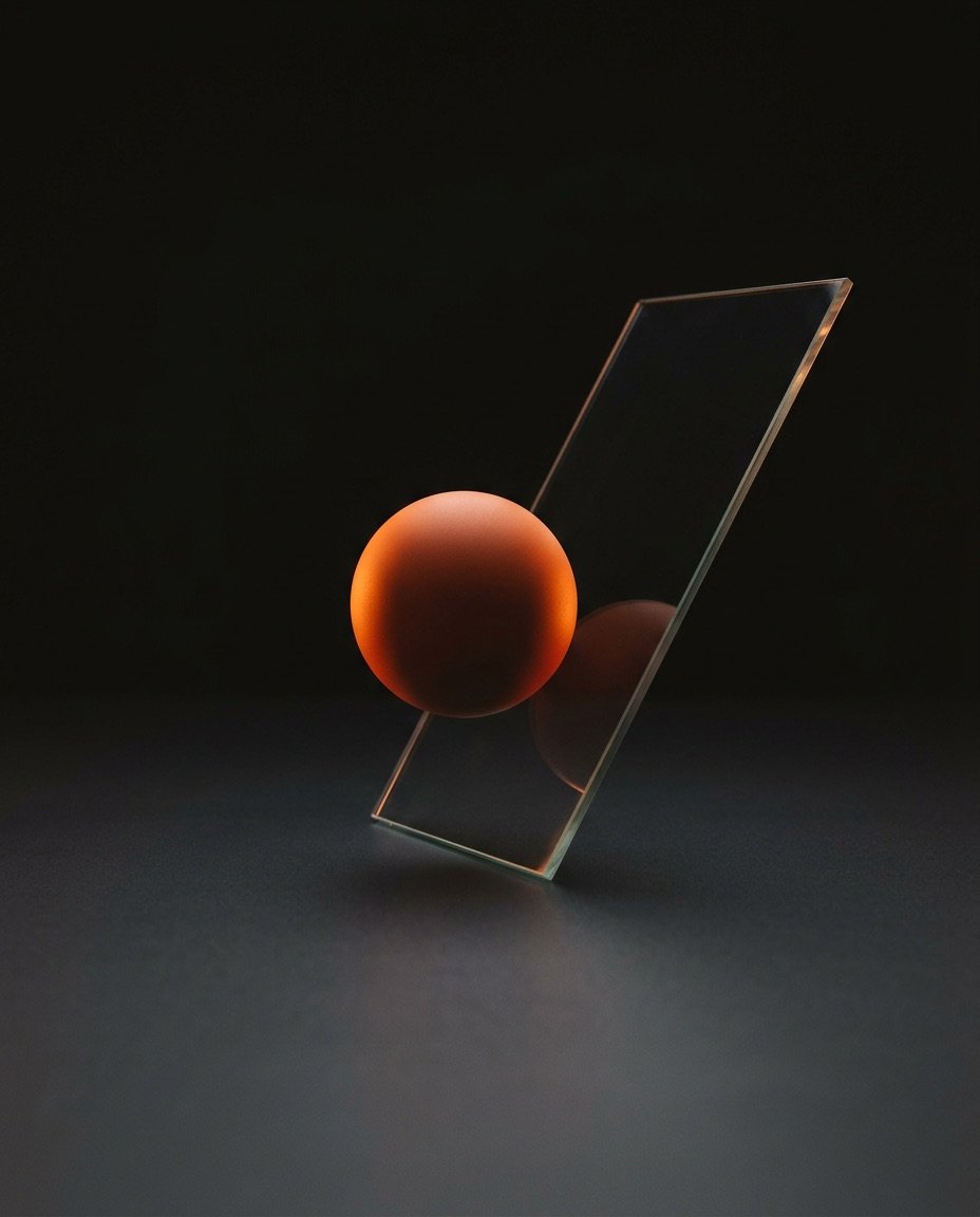 A matte orange sphere resting against a tilted pane of glass in a dark studio
