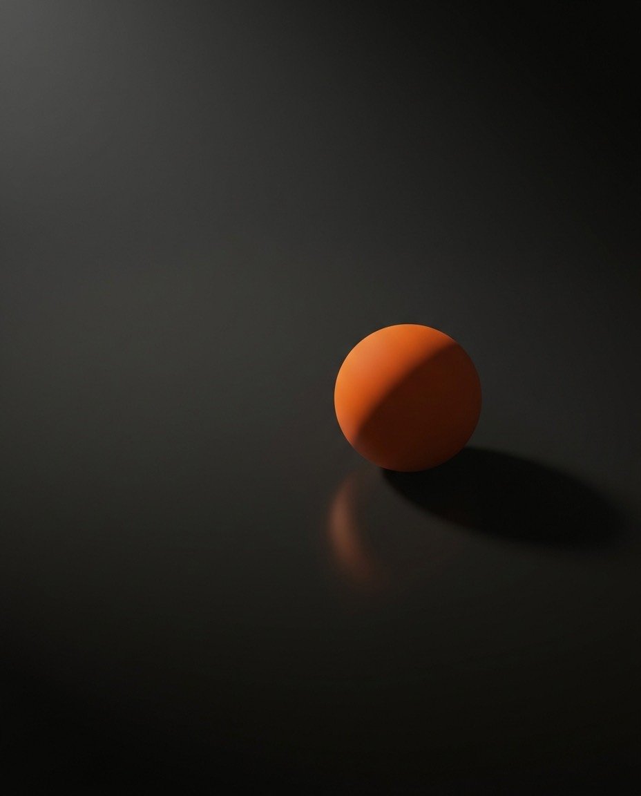 A solid orange sphere on a dark studio floor with dramatic rim lighting
