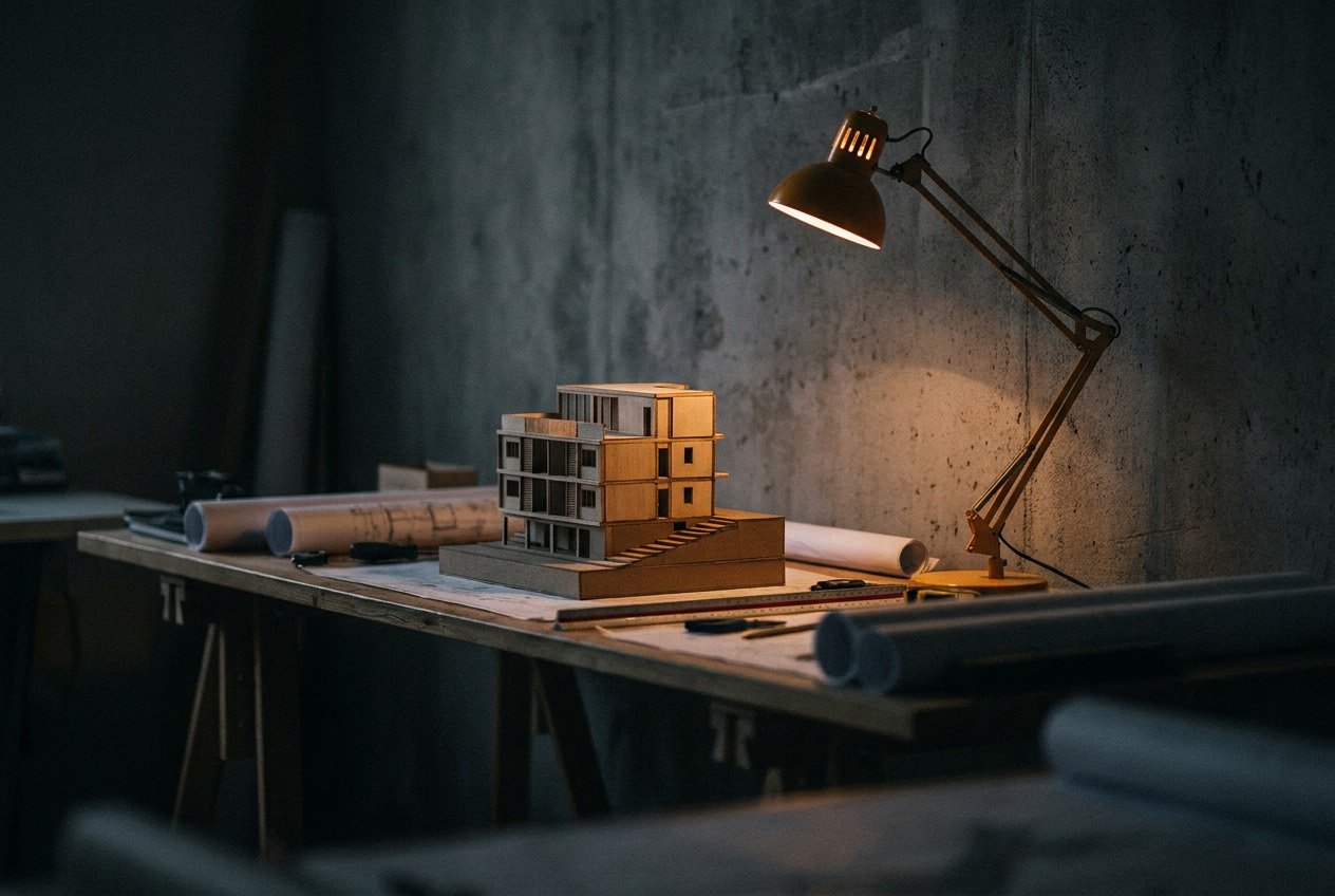 An architect's studio at dusk, a building model lit by a single warm task lamp