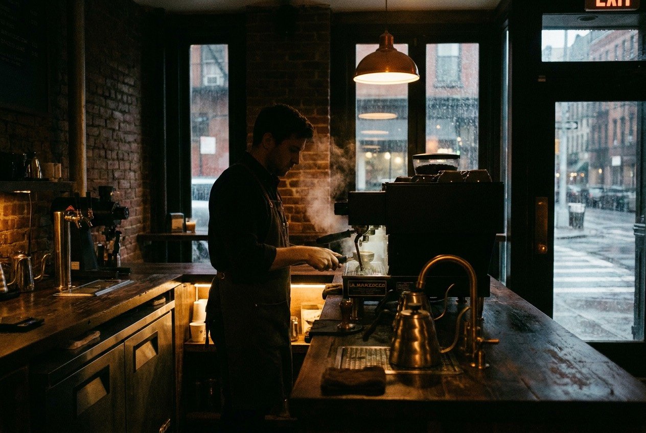 A dark specialty coffee bar at night, espresso machine glowing under warm light