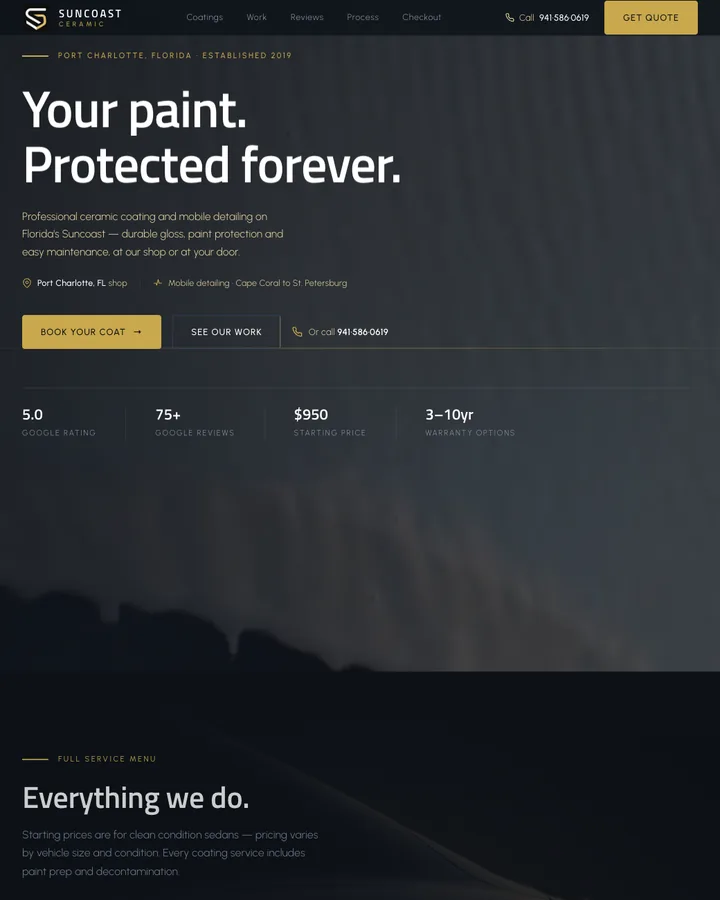 Suncoast Ceramic homepage: the headline Your paint. Protected forever. over a dark, ceramic-coated car