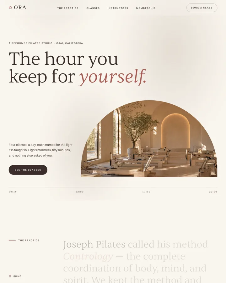 ORA Pilates concept site: the headline The hour you keep for yourself above an arched studio photograph
