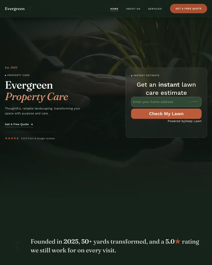 Evergreen Property Care homepage: the hero headline beside the instant lawn estimate tool